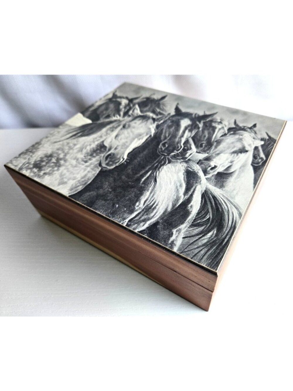 Black and White Horses Wooden Box Trinket Stash Decor Storage
